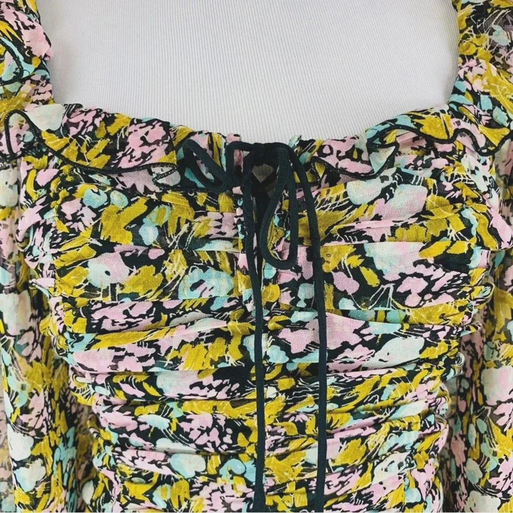 Free People Mabel Lace-Up Top XS Blouse Smocked Floral Bohemian Long Puff Sleeve